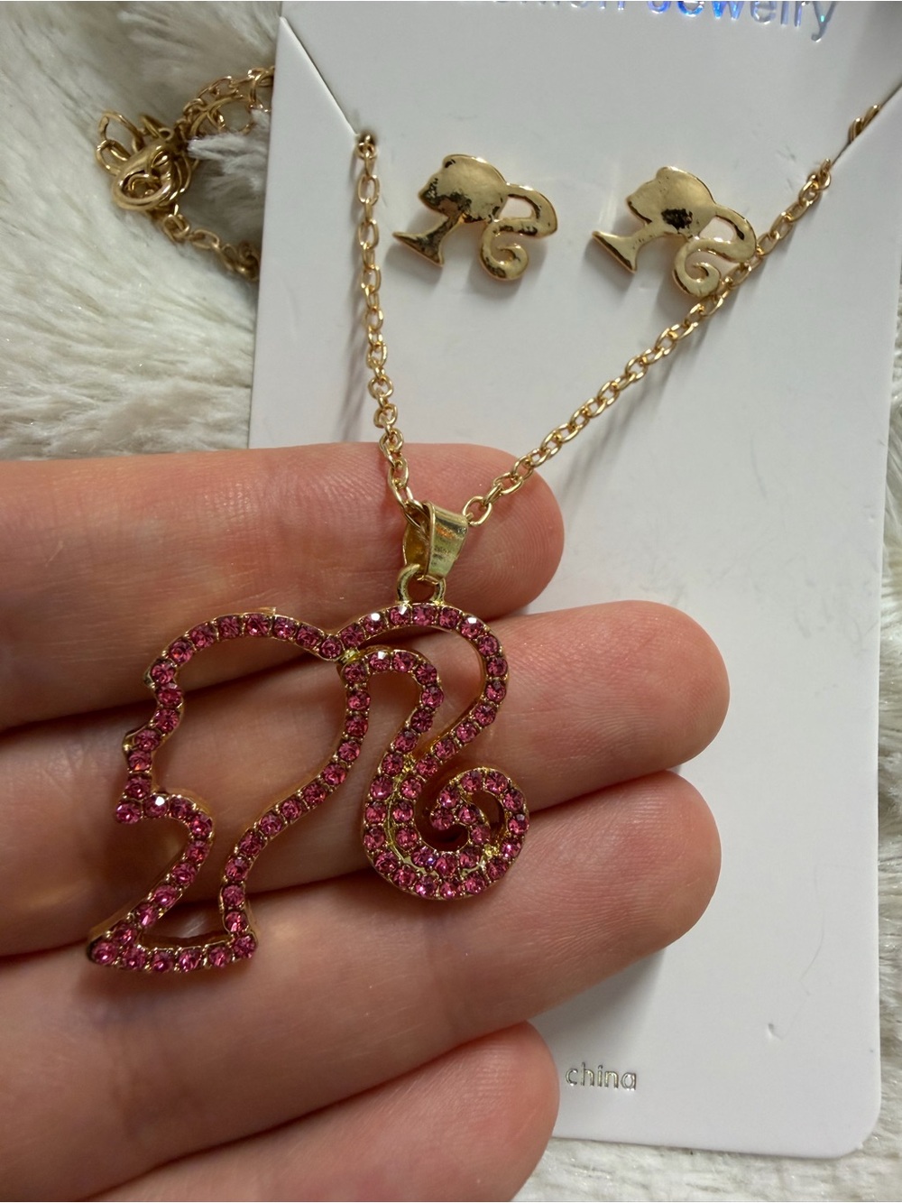 Gold-Plated Pink Rhinestone Girl Silhouette Necklace and Earrings Set